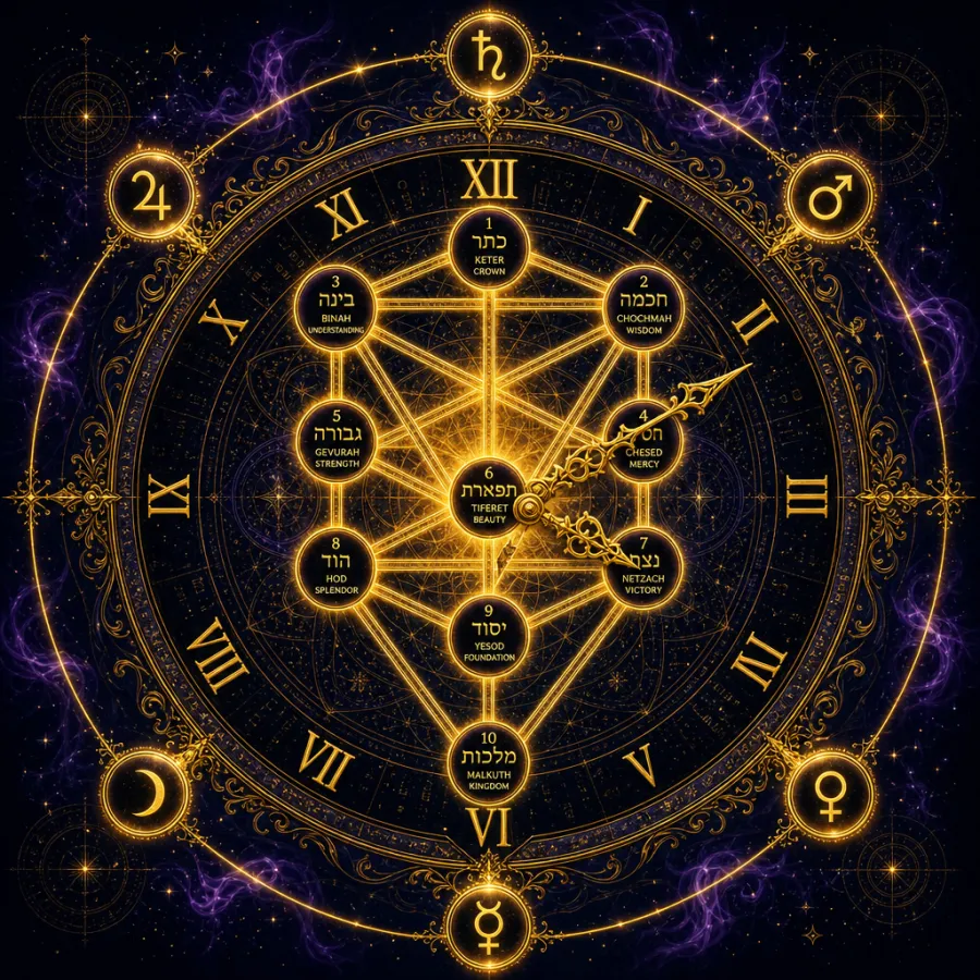 Kabbalistic cosmic clock with Tree of Life and planetary symbols